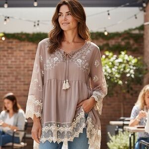 Ryu Anthropologie Boho Sheer Lace Trim Oversized Top in Mauve and Cream S/M